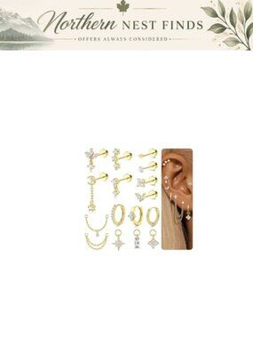 16G Flat Back Cartilage Earrings 316L Surgical Steel 16K Gold Plated Set